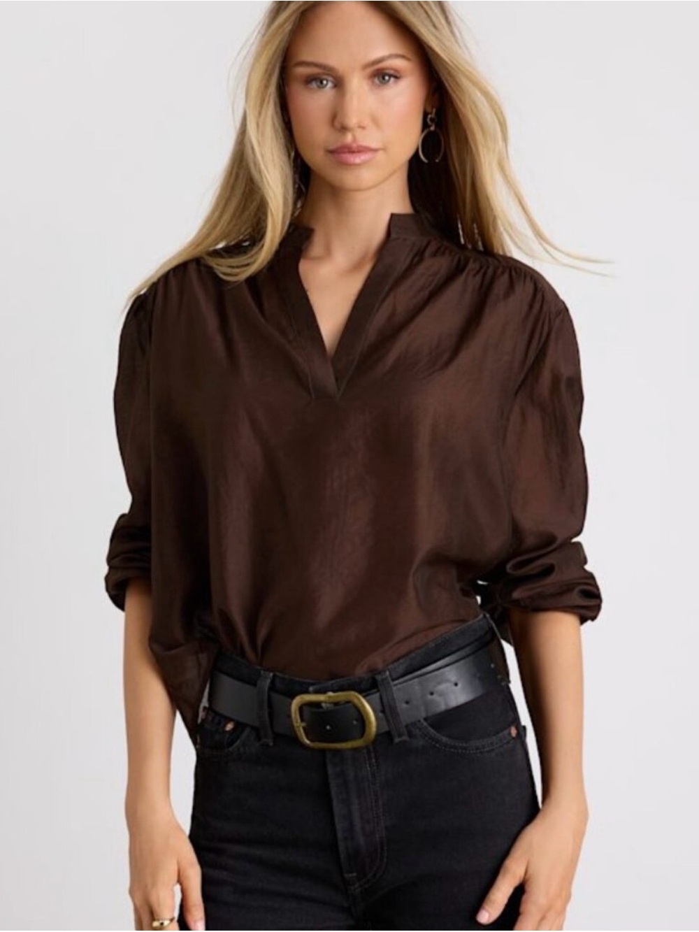 Lulu's Chocolate Brown V-Neck Long-Sleeve Blouse